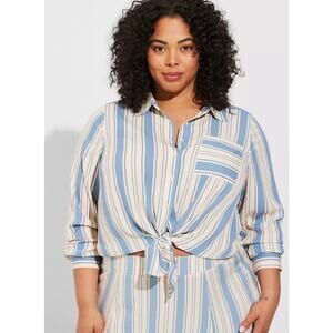 Torrid Crinkle Gauze Coastal Blue Striped Button-Up Long Sleeve Lizzie Shirt 1X